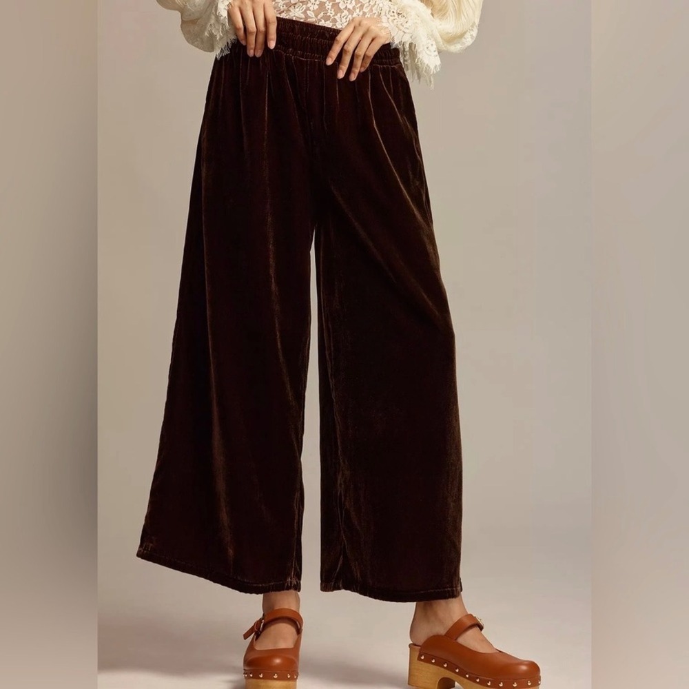 NWT Anthropologie Somerset Velvet Wide Leg Pants Brown Smocked Waist - Large